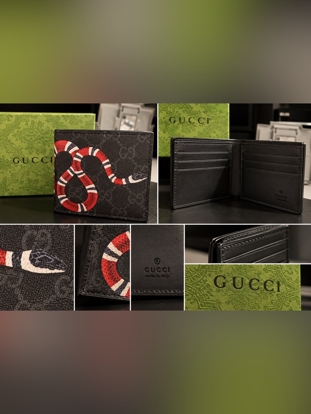 Gucci Black Canvas Money Clip Wallet with Red & White Snake Motif